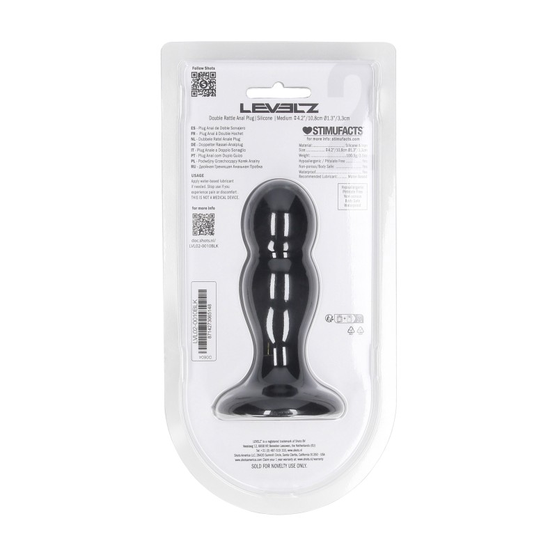 Levelz Double Rattle Liquid Silicone Anal Plug - M - Black