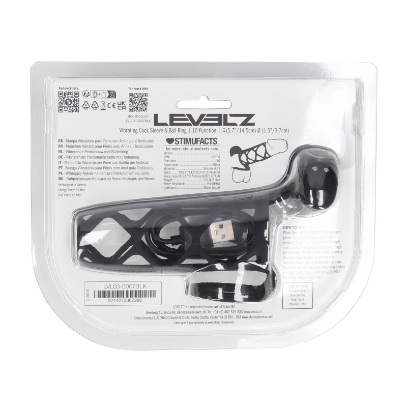 Levelz Vibrating Cage Silicone Cock Sleeve and Ball Ring - Black