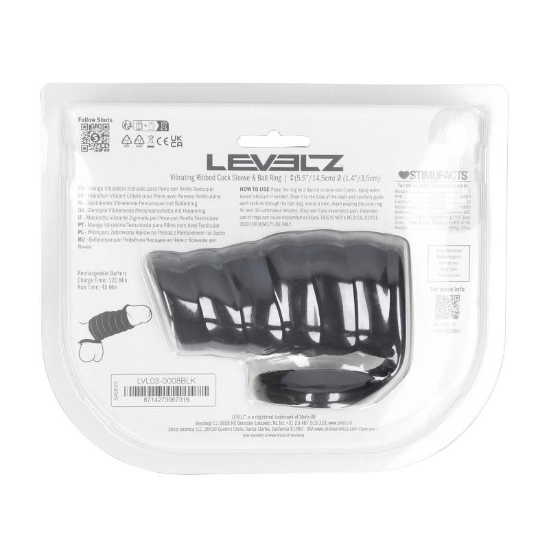 Levelz Vibrating Ribbed Silicone Cock Sleeve and Ball Ring - Black