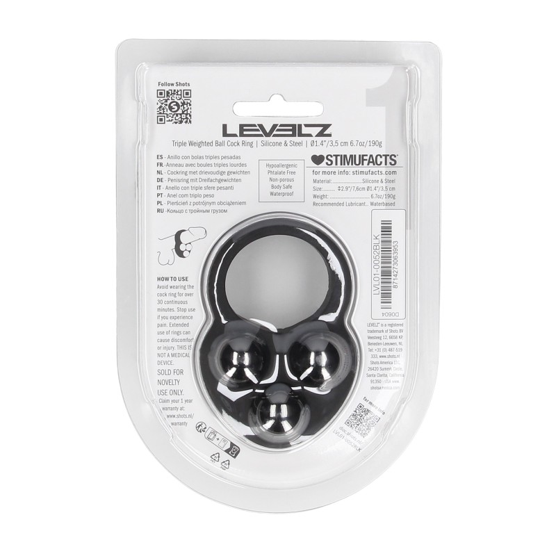 Levelz Liquid Silicone Triple Weighted Ball Cockring - Black