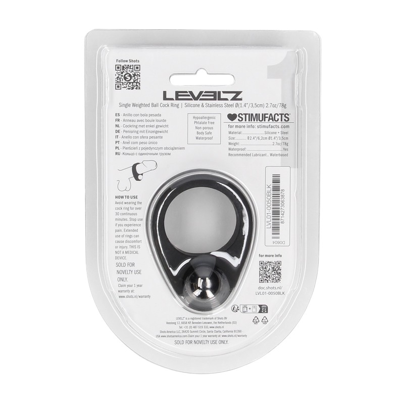 Levelz Liquid Silicone Single Weighted Ball Cockring - Black
