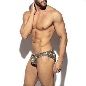 ES Collection 2604 Peacock Print Swim Brief Kaki