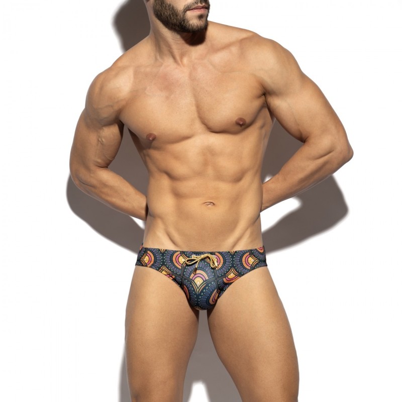 ES Collection 2604 Peacock Print Swim Brief Black