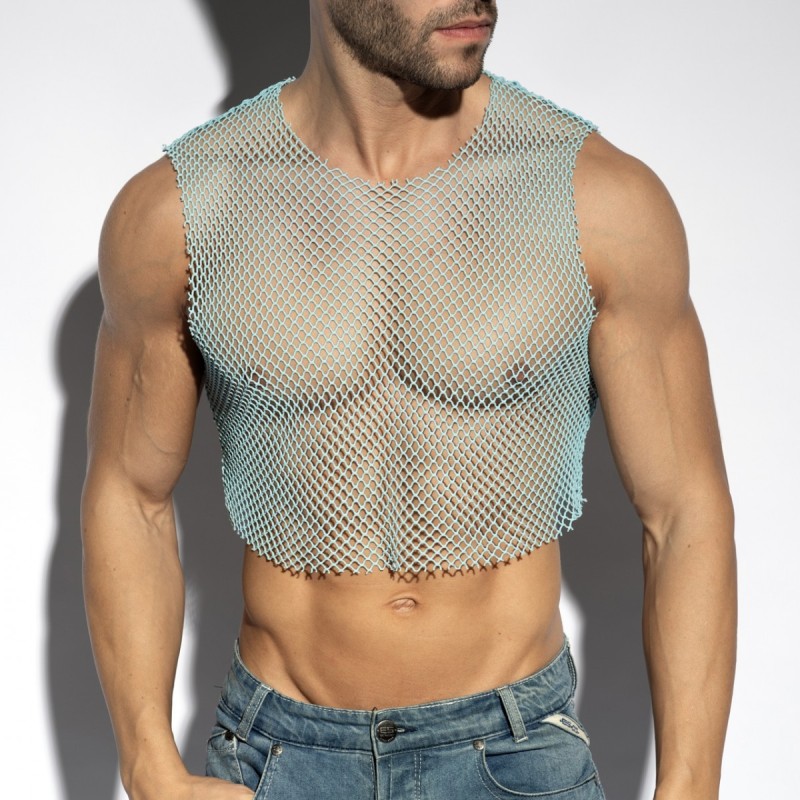 ES Collection TS338 Beachy Net Midriff Crop Top Sky Blue
