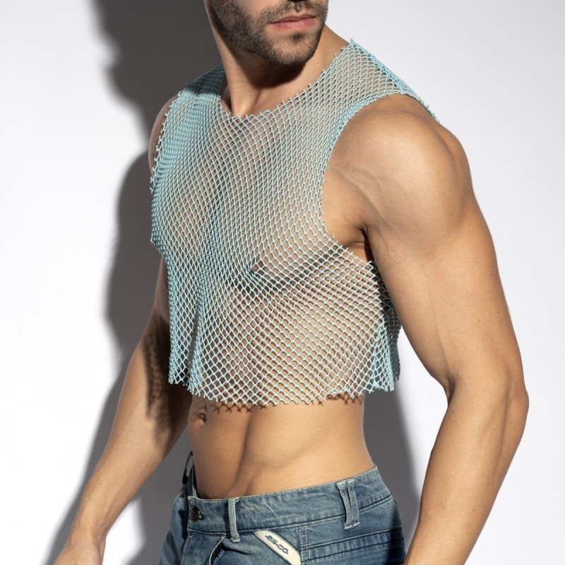 ES Collection TS338 Beachy Net Midriff Crop Top Sky Blue