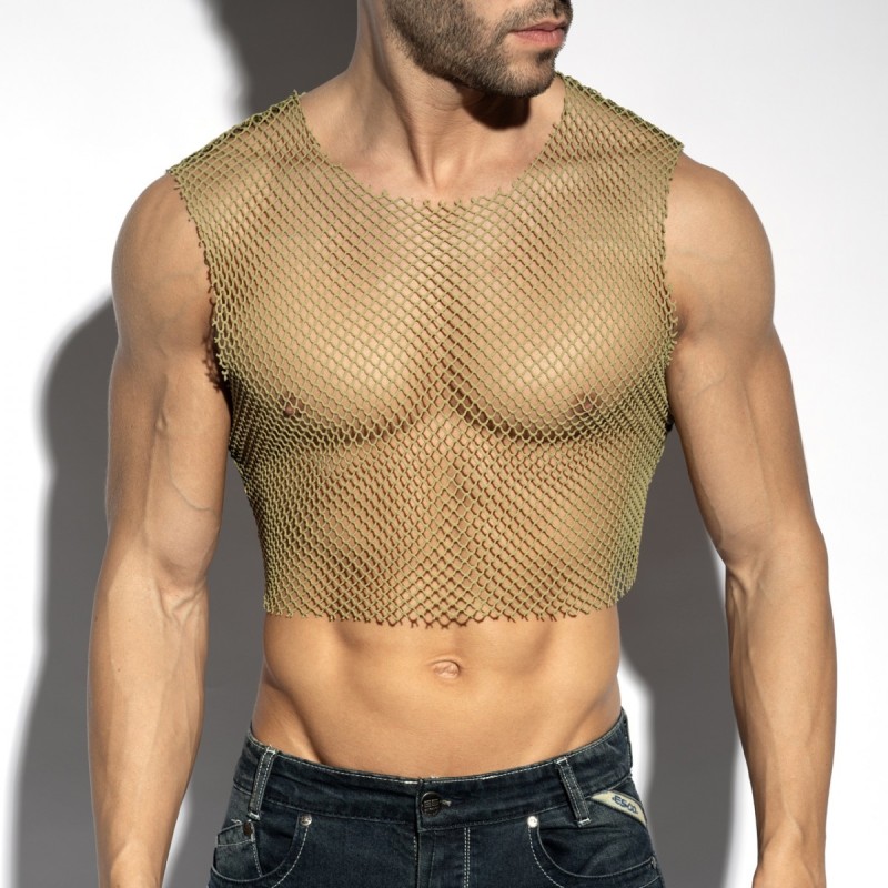 ES Collection TS338 Beachy Net Midriff Crop Top Khaky