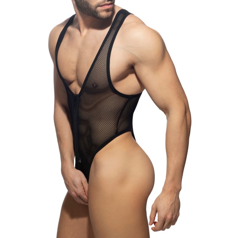 AD Fetish ADF151 Zip Mesh Bodysuit Thong Black